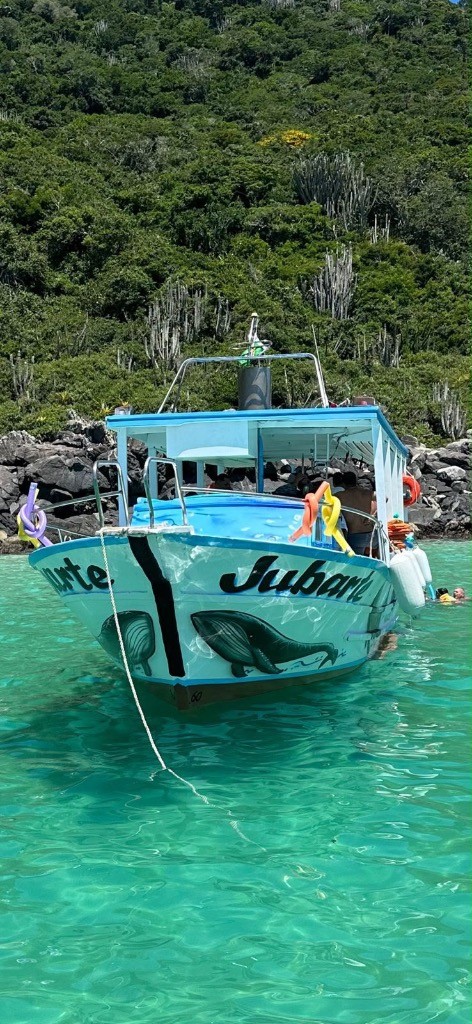 Barco Jubarte nas águas cristalinas